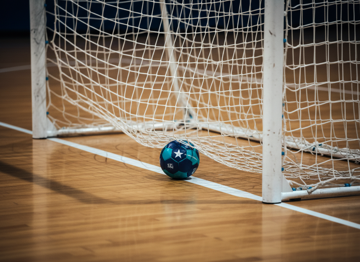 A dramatic close-up of a futsal goal on an indoor court, featuring a sturdy white metal frame with subtle scuffs and a tightly woven net, slightly pulled taut as if a powerful shot has just hit it. The court floor is marked with crisp white lines on a rich, honey-toned wooden surface. At the base of the net lies a navy and teal futsal ball with a small star emblem. Intense overhead arena lighting creates bold contrasts, bright highlights on the metal and deep, graphic shadows behind the net. Captured from a low-angle, slightly off-center composition, photographic realism, with strong depth and a bold, competitive atmosphere ideal for showcasing the team’s attacking mindset.