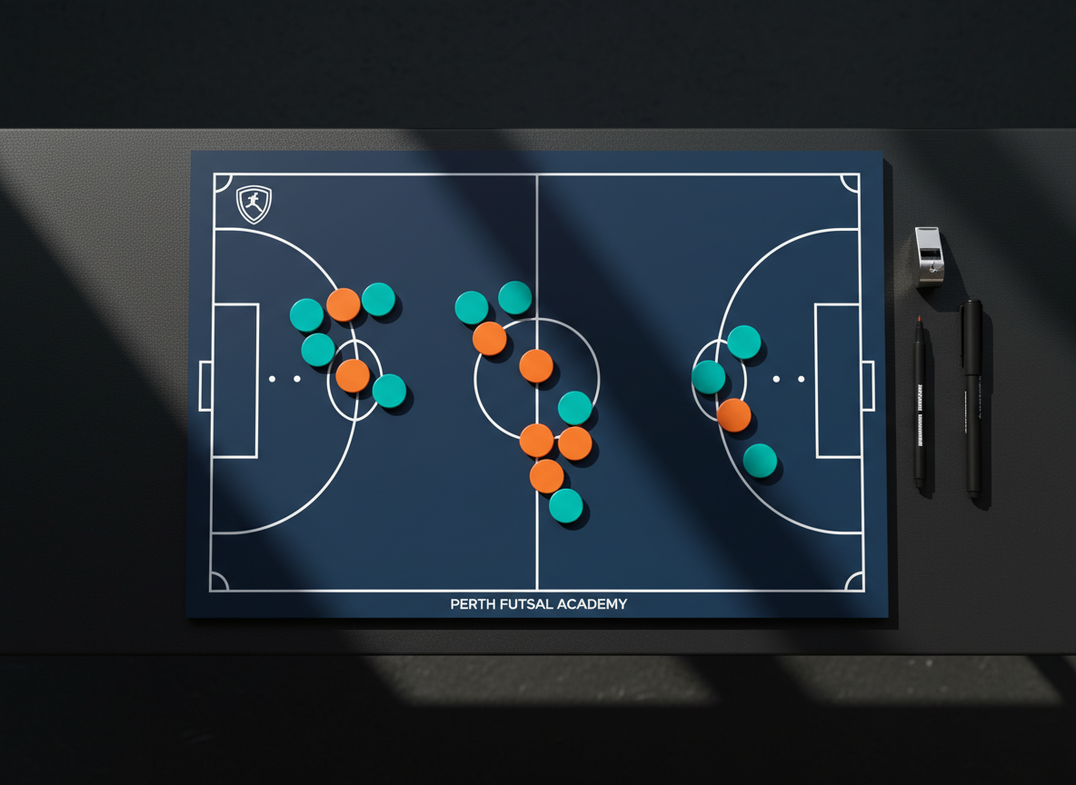 A stylized, photographic overhead view of a futsal tactics board resting on a matte black sideline bench. The board displays a detailed indoor court diagram in crisp white lines on a dark navy background, with magnetic markers in bold teal and bright orange representing different teams, arranged in a dynamic attacking formation. A sleek metallic whistle and a fine-tipped marker pen lie beside it. Soft, focused LED lighting from above creates controlled reflections on the board’s glossy surface while leaving the surrounding area in subtle shadow. The mood is strategic, analytical, and ambitious, conveying high-level coaching for both men’s and academy squads. Clean, modern composition with sharp focus throughout, suited for a professional Perth futsal club brand.