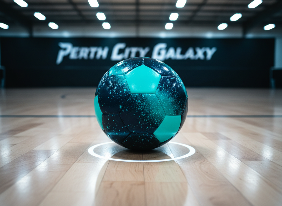 A bold, ultra-modern futsal ball designed in deep navy and electric teal, with a subtle galaxy pattern of tiny star-like speckles across its glossy surface, resting on a pristine indoor futsal court in Perth. The polished wooden floor reflects the ball’s colors and faint overhead LED lights. In the blurred background, the words “Perth City Galaxy” appear on a dark banner along the wall, in sharp, angular typography. Bright, cool arena lighting from above casts a crisp halo and distinct shadow under the ball. Captured at low, eye-level angle with shallow depth of field, photographic realism, emphasizing energy and professionalism. The mood is powerful and ambitious, perfect as a universal hero image for a bold futsal club brand.