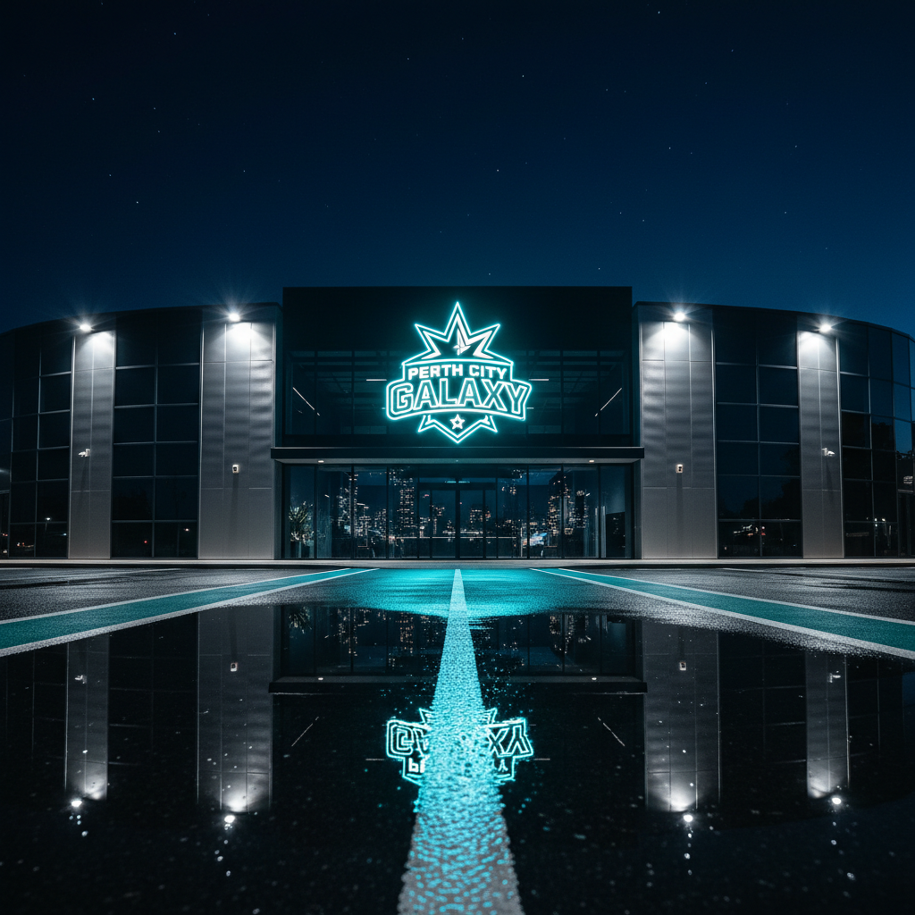 A night-time, photographic scene of a modern indoor futsal arena exterior in Perth, viewed from a low, wide-angle perspective. The building features dark glass panels and metallic cladding, with the bold “Perth City Galaxy” logo glowing in neon teal and white above the entrance, surrounded by a stylized starburst motif. Cool, dramatic spotlights wash the facade, reflecting off wet pavement that mirrors the logo and a subtle city skyline in the distance. The sky is deep indigo with faint stars visible. The atmosphere is bold, aspirational, and slightly cinematic, suggesting big-match energy. Composition emphasizes the illuminated logo and entrance, with strong leading lines from pavement markings guiding the eye inward, in crisp photographic realism.