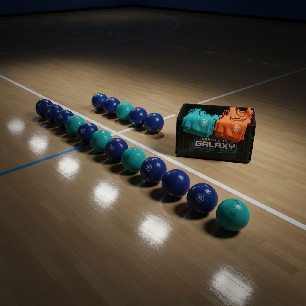 A meticulously arranged academy showcase scene on an indoor futsal court, without any people: several neatly lined futsal balls in navy and teal, each featuring a small star crest, sit along the center line. Nearby, branded training bibs in bold teal and bright orange are folded on a sleek black equipment crate labeled “Perth City Galaxy Academy”. The polished wooden court reflects the colors and overhead LED panels. Lighting is bright, even, and professional, with subtle gradients of shadow adding depth. Photographic realism from a slightly elevated, diagonal angle, emphasizing organization and high standards. The mood is aspirational, disciplined, and energetic, symbolizing a pathway from youth academy to elite men’s futsal within a bold Perth club identity.
