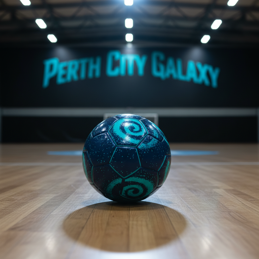 A bold, ultra-modern futsal ball designed in deep navy and electric teal, with a subtle galaxy pattern of tiny star-like speckles across its glossy surface, resting on a pristine indoor futsal court in Perth. The polished wooden floor reflects the ball’s colors and faint overhead LED lights. In the blurred background, the words “Perth City Galaxy” appear on a dark banner along the wall, in sharp, angular typography. Bright, cool arena lighting from above casts a crisp halo and distinct shadow under the ball. Captured at low, eye-level angle with shallow depth of field, photographic realism, emphasizing energy and professionalism. The mood is powerful and ambitious, perfect as a universal hero image for a bold futsal club brand.