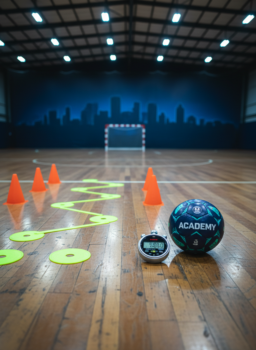 A set of neatly arranged futsal training equipment on an indoor court: vivid orange and neon-yellow cones, flat agility markers, and a sleek stopwatch lying beside a navy and teal futsal ball branded “Academy”. The textured, slightly worn surface of the polished wooden court shows faint scuff marks, suggesting intensive training. Overhead, cool white stadium lights create sharp, dynamic reflections and long, purposeful shadows. The background is softly blurred, hinting at a goal frame and a large dark wall with a faint Perth city skyline graphic. Photographic realism from a slightly elevated angle, rule-of-thirds composition. Mood is driven, structured, and energetic, illustrating a professional academy environment without any people present.
